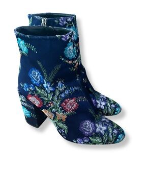 Zara Basic Floral Brocade Ankle Boots Jacquard Block Heel Booties Size 39